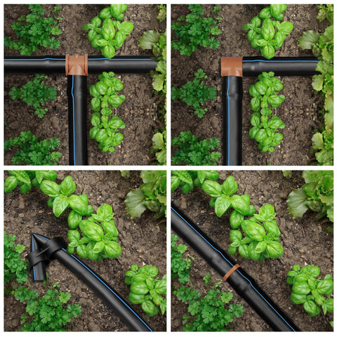 Collage showing 24 Piece Drip Irrigation Fittings Kit for Half Inch Tubing in garden, includes connectors and end cap plugs.