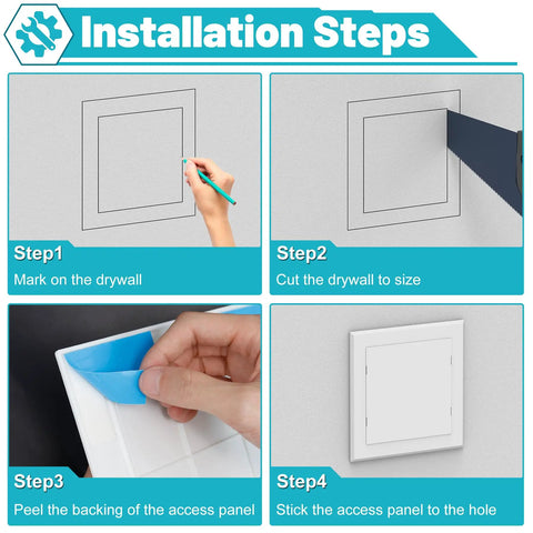 Step-by-step installation guide for Breezy Peel And Stick Self Adhesive Access Panel 12X12 Plastic Wall Hole Cover.