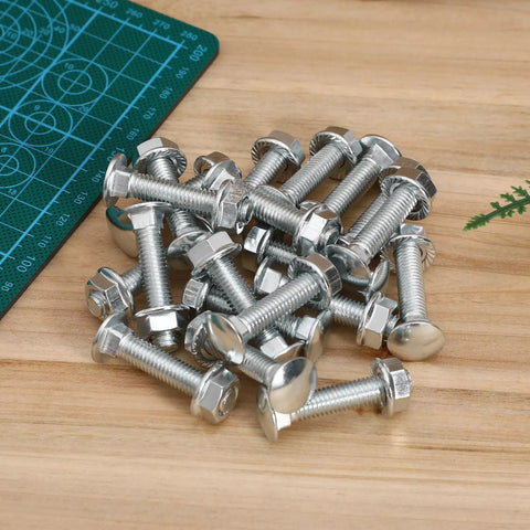 Heavy Duty Carriage Bolt And Nut Set With Washers, 20 Sets Fully Threaded Carbon Steel Fasteners, Silver Finish displayed on wood