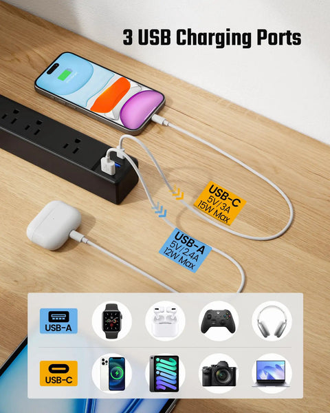 Power Strip With Nine Point Eight Foot Extension Cord And Surge Protector 5 Outlets 3 USB Ports shown on wooden table charging devices