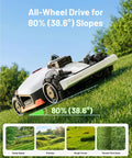 LUBA 3 AWD 5000 Robot Lawn Mower Ultimate All In One Kit with all-wheel drive on 80% slope, grass and nature background.