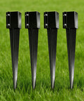 Front view of pack of four heavy duty fence post anchors ground spikes in black powder coat finish, 24 inch length with 4 by 4 inch outer size