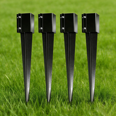 Front view of pack of four heavy duty fence post anchors ground spikes in black powder coat finish, 24 inch length with 4 by 4 inch outer size