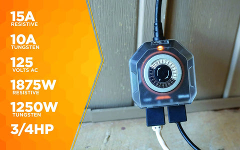 Heavy Duty Outdoor Mechanical Timer With Dual Grounded Outlets Fully Weatherproof Dial Design Plug And Play Setup For Yard Lighting Tools And Decor Save Green On Power Bills with clear dial and dual outlets.