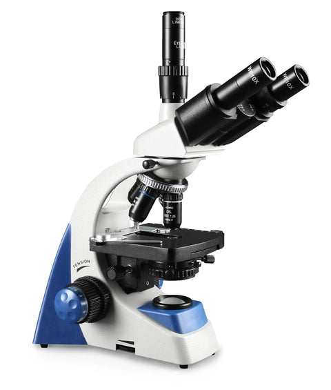 Lab Workhorse Triocular Compound Microscope with 40x to 1000x magnification, LED illumination, and rotating trinocular head.