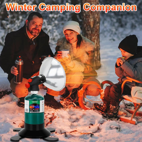 Family using Portable Propane Camping Heater For Tents And Outdoor Spaces With Easy Control Valve Foldable Stand Gas Tank Holder and Cordless Patio Warmth Rugged Build For Garage Hiking Ice Fishing And Hunting in winter.