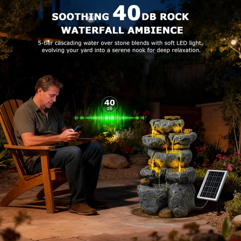 Solar Powered 5 Tier Rock Water Fountain With LED Lights, Outdoor Garden Cascade for Backyard, showing night view with lights on