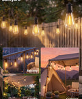96ft Waterproof Outdoor String Lights With 32 Warm White LEDs hanging in backyard, balcony, gazebo, and camping scene
