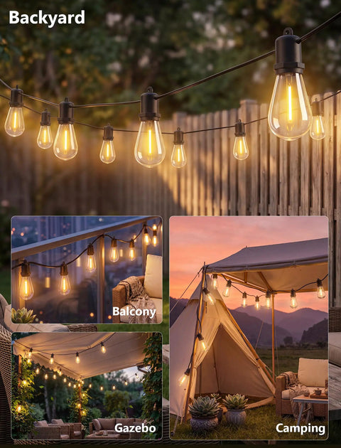 96ft Waterproof Outdoor String Lights With 32 Warm White LEDs hanging in backyard, balcony, gazebo, and camping scene