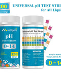 pH Test Strips 0 To 14 Range 200 Count Universal Litmus Paper For Water Pools Kombucha Food Soap Making And DIY Home Testing Quick Accurate pH Readings For Aquarium And More packaging front and back view with color chart.