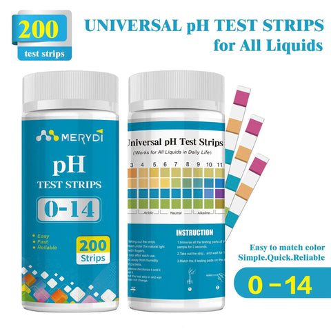 pH Test Strips 0 To 14 Range 200 Count Universal Litmus Paper For Water Pools Kombucha Food Soap Making And DIY Home Testing Quick Accurate pH Readings For Aquarium And More packaging front and back view with color chart.