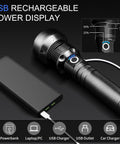 Rechargeable LED Flashlight 100000 Lumens Ultra Bright with USB power display and charging options shown.