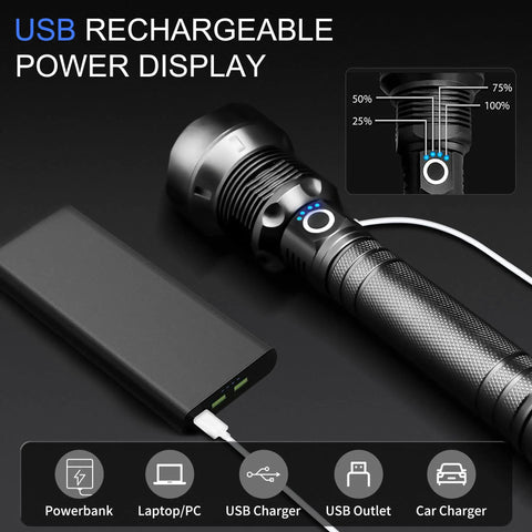 Rechargeable LED Flashlight 100000 Lumens Ultra Bright with USB power display and charging options shown.