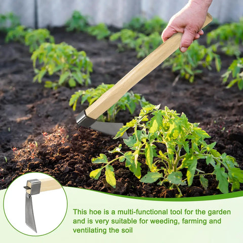 Heavy Duty Narrow Hoe 15 Inch Stainless Steel Mattock Garden Tool With Waxed Wood Handle used in garden bed weeding