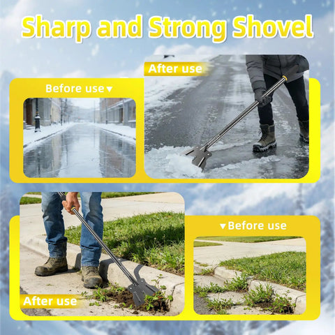 Heavy Duty Workhorse Garden Flat Shovel With 59 Inch Steel Handle And A 9.5 Inch Wide Blade clearing snow and weeds