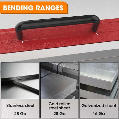 Heavy Duty 24 Inch 16 Gauge Steel Sheet Metal Folding Tool With Grips for HVAC, red finish, bends galvanized, stainless, cold-rolled sheets