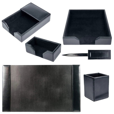 Bonded Leather Desk Set Six Piece With Sleek Leather Desk Pad And Essential Desk Organizer Accessories In Black For A Boss Level Office Look Plus A Clean Organized Workspace You Can Proudly Show Off, including pad, trays, and memo holder