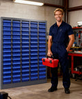Heavy Duty Parts Cabinet With 100 Abs Drawers And Adjustable Dividers For Nuts Bolts Screws Badass Hardware Organizer, blue bins, man with toolbox.