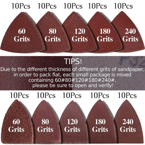 Triangle sandpapers in various grits for All In One Oscillating Tool Sanding Pads Kit With Triangle And Finger Pads 100 Pcs Sandpaper In 60 80 120 180 240 Grit Must Have For Wood And Plaster Surfaces Sanding And Finishing With Multi Tools, showing 60, 80, 120, 180, and 240 grit options.