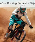 Cyclist in protective gear riding mountain bike showcasing braking with 44mm Bicycle Hub Disc Brake Adapter Freewheel Threaded Mount To 6 Bolt Rotor Converter Badass Bike Hub Flange Conversion Kit For Mountain And Road Cycling Brake System Upgrade