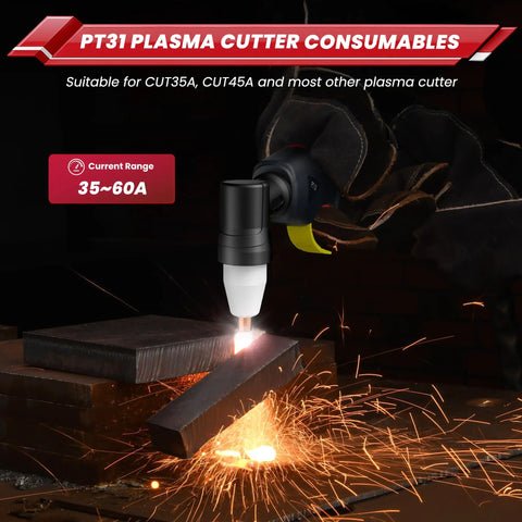 60Pcs PT31 Plasma Cutter Consumables Set includes torch tips cutting metal with sparks, fit for CUT55A PT31 JG40 LG40 torches.