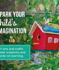 Red and blue wooden birdhouse hanging from a green tree branch showcasing Build A Birdhouse Bungalow DIY Kit For Kids With Seven Wooden Pieces.