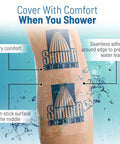 PICC Line Shower Cover 10x12 Inch Waterproof Catheter Shower Cover Keeps Your Site Dry Reduces Infection Risk Disposable And Easy To Use For Safe Showers in use with water droplets on package displaying features.