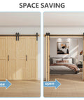 Workhorse Spruce Wood Bifold Barn Door Kit Includes 90 Inch Track Assembly Free Double Door Panels 84X84 Inches For Closets space-saving feature depicted.