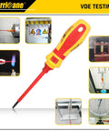 1000V Insulated Electrician Screwdriver Set, 15 Piece Pro Kit With Interchangeable Bits, Magnetic CRV Tips shown in VDE testing scenarios