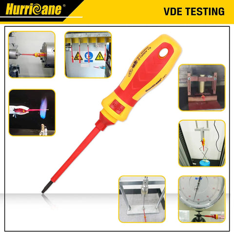 1000V Insulated Electrician Screwdriver Set, 15 Piece Pro Kit With Interchangeable Bits, Magnetic CRV Tips shown in VDE testing scenarios