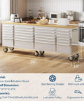 96 Inch Rolling Tool Chest With 24 Drawers For Serious DIYers And Pro Shops, Solid Rubber Wood Workbench Top, Locking Wheels And Key