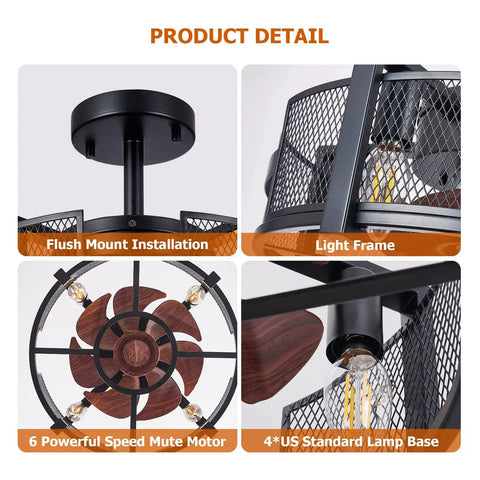 Industrial Style Ceiling Fan With Light For Living Room And Bedroom Black Enclosed Cage Ceiling Fan With Remote Six Speeds Ultra Quiet Noiseless DC Motor 16 Inch Vintage Industrial Design For Your Pad product details