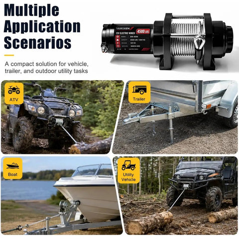 Top Tier 4500Lbs Electric Winch With Heavy Duty Steel Cable And Wired Remote Control for ATV, trailer, boat and utility vehicle applications.