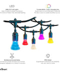 WiFi Enabled Color Changing Outdoor String Lights 48Ft 24 Shatterproof Bulbs 20W LEDs Tunable White To Color Dimmable IP65