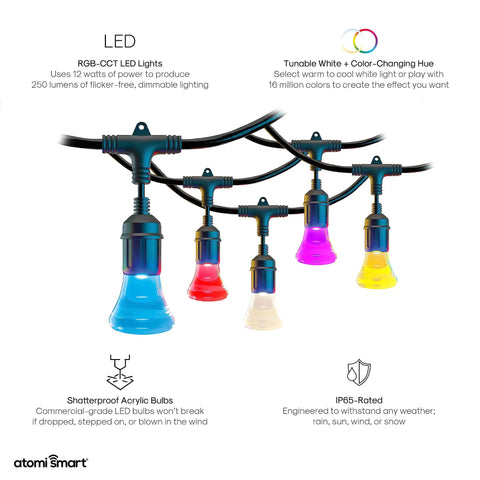 WiFi Enabled Color Changing Outdoor String Lights 48Ft 24 Shatterproof Bulbs 20W LEDs Tunable White To Color Dimmable IP65