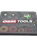 Heavy Duty Mini Air Surface Prep Sander Kit For Tight Spaces in OEM Tools packaging, shown with sanding discs and components.