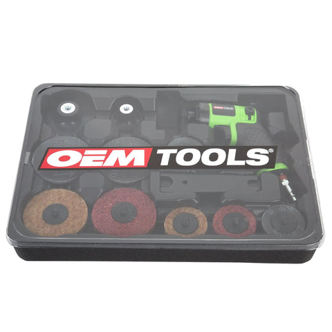 Heavy Duty Mini Air Surface Prep Sander Kit For Tight Spaces in OEM Tools packaging, shown with sanding discs and components.