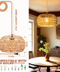 Plug And Play Rattan Pendant Light With Authentic Boho Farmhouse Charm hanging above a wooden dining table, displaying warm glow.