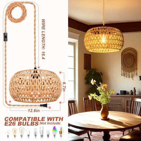 Plug And Play Rattan Pendant Light With Authentic Boho Farmhouse Charm hanging above a wooden dining table, displaying warm glow.