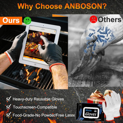 Comparison of BBQ Gloves Set With 50 Disposable Nitrile Gloves And 2 Reusable Cotton Liners For Cooking Food Prep Powder Latex Free Heat Resistant Grilling Barbecue Smoking Like A Pro For Men XLarge on grill.