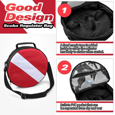 Portable Scuba Regulator Bag For Divers Heavy Duty Protective Travel Case With Wet Dry Compartment And Built In PVC Pocket Shockproof 1050D Nylon Dive Gear Carrier With Adjustable Shoulder Strap showing interior features and external design.