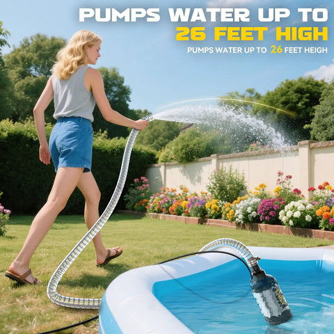Woman using Cordless Submersible Water Pump With 1268 GPH High Flow 100W Motor 13Ft Submersion 26Ft Lift 6.5Ft Hose