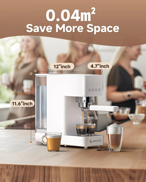 Compact 20 Bar Espresso Machine With Steam Milk Frother And 50oz Removable Water Tank For Home Use Coffee Maker For Cappuccino Latte Americano 1350W Fast Heating And Rich Crema For That Barista At Home Vibe, front view showing dimensions in kitchen setting.