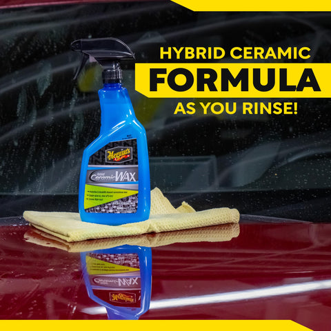 26 oz Easy Spray On Ceramic Wax For Cars With SiO2 Hybrid Barrier Technology on red car hood with towel