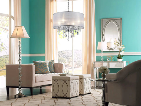 Crystal Pendant Drum Chandelier in Chrome Finish, Four Light LED Ceiling Fixture in elegant living room setting