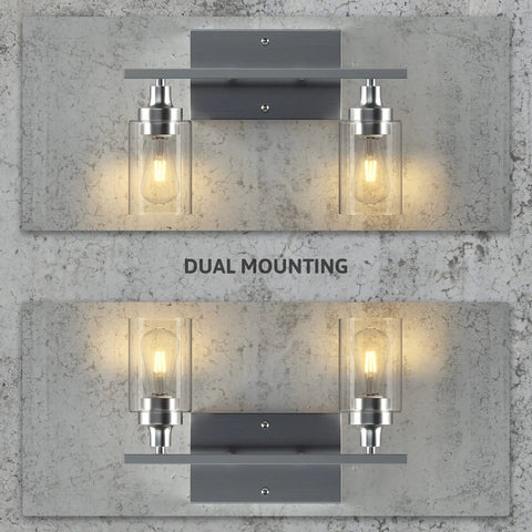 Two-Light Vanity Light With Clear Ribbed Glass Shades And Nickel Finish For Bathroom Over Mirror with dual mounting option