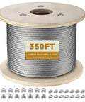 One Quarter Inch Stainless Steel Cable, 350 Feet Of Aircraft Wire Rope With Clamps And Thimbles For Your Backyard Zipline, String Lights, And Deck Railing, Built Tough With Six By Thirty Seven IWRC Construction spool with clamps and thimbles