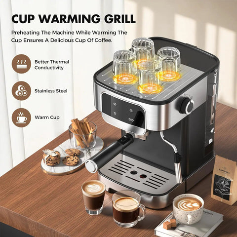 Level Up Your Daily Grind With This Dope Compact Espresso Machine Featuring 20 Bar Pressure Pump Led Touch Panel And One Touch Milk Frother For Smooth Shots Everyday Plus Quick Heat Tech, showing cup warming grill.