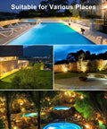 Brighten Outdoor Space With 12W Landscape Lighting 120V Warm White 2700K Garden Spotlights IP66 Waterproof With US Plug Great For Walls Trees Fences And Pathways Two Pack illuminating poolside, garden, and pathways.