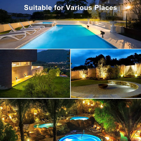 Brighten Outdoor Space With 12W Landscape Lighting 120V Warm White 2700K Garden Spotlights IP66 Waterproof With US Plug Great For Walls Trees Fences And Pathways Two Pack illuminating poolside, garden, and pathways.